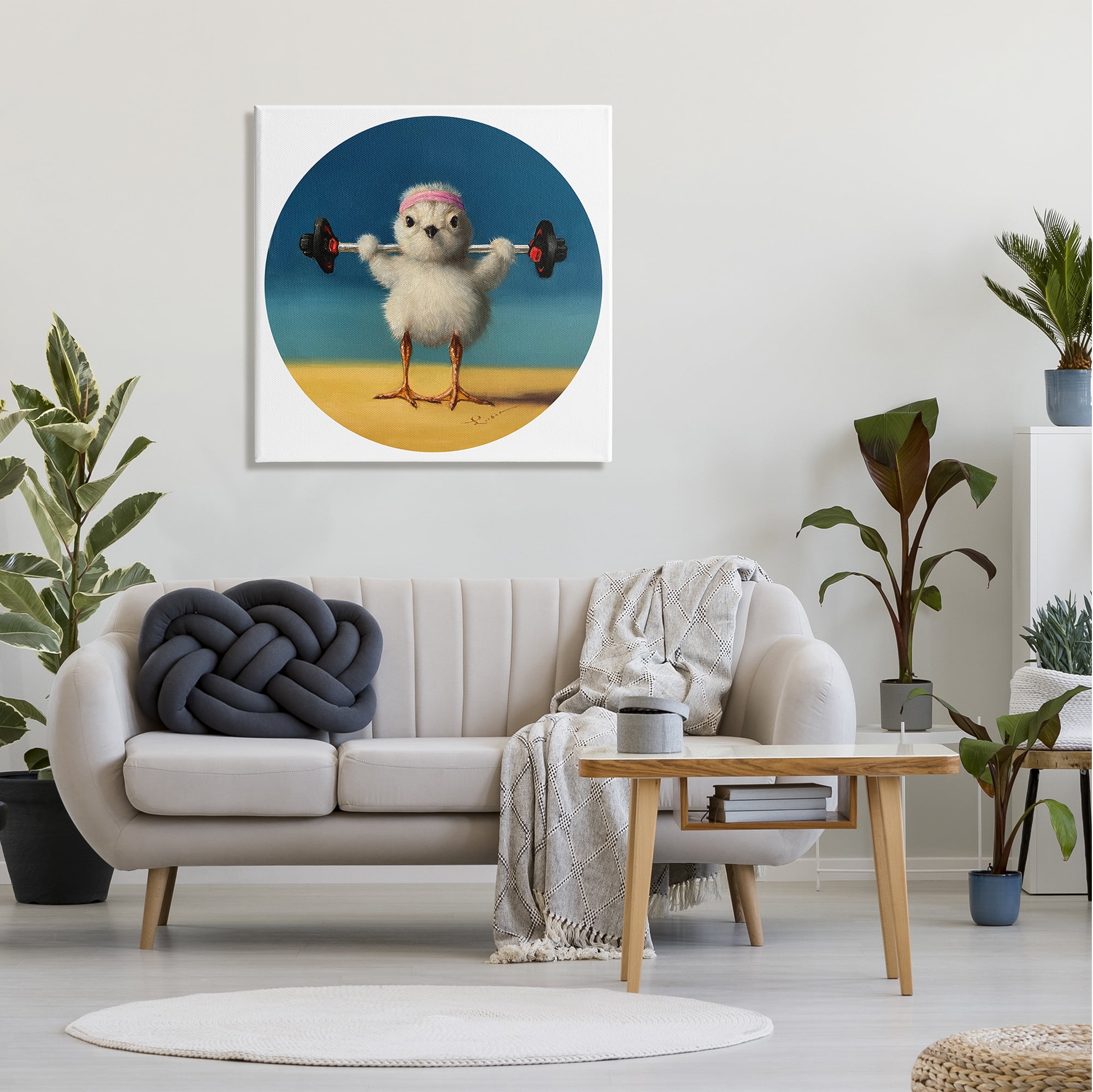Stupell Industries Born Strong Little Chicken Bird Lifting Weights,30 x 30, Design by Lucia Heffernan