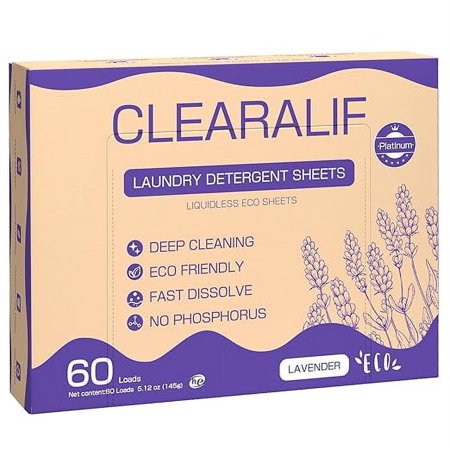 CLEARALIF Laundry Detergent Sheets, Up to 60 Loads, Fresh Lavender, liquidless, Eco-Friendly, Zero Waste, Save Space, Travel Laundry Strips for HE Machine