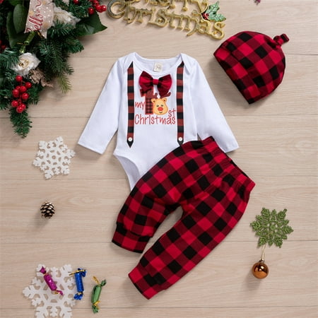 

FZM Christmas Boys Girls Christmas Long Sleeve Cartoon Prints Tops Plaid Pants Hat Outfits 3PCS Outfits Clothes Set