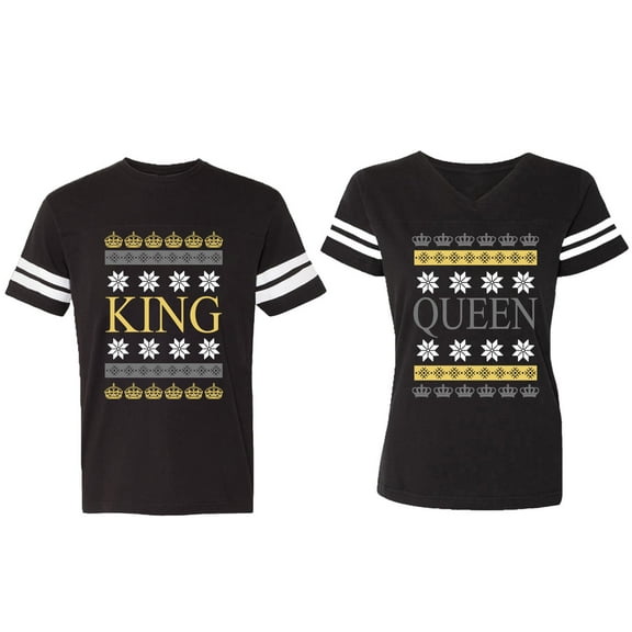 Christmas King Queen Matching Couple Cotton Jerseys (Men Black / Women Black) (Men S / Women S)