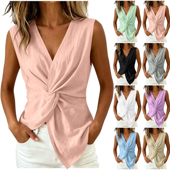 VBVC Women's Cotton Linen Twist Front Tank Top , Ladies' Deep V Neck Loose Fit Blouse , Summer Casual Vacation Sleeveless Shirt For Women,Pink,S-2XL