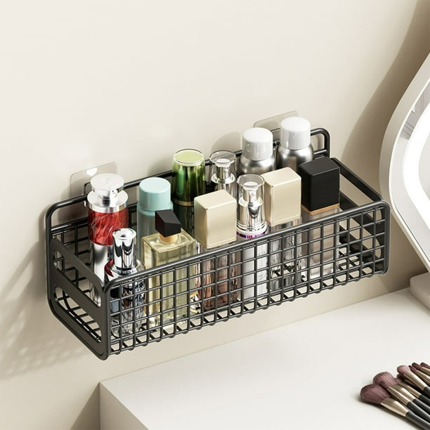 Cesta de almacenamiento de pared de acero inoxidable | Especiero de cocina y organizador de artículos de tocador | Cesta de malla metálica de 30 x 12 x 10 cm con ganchos | Negro o blanco