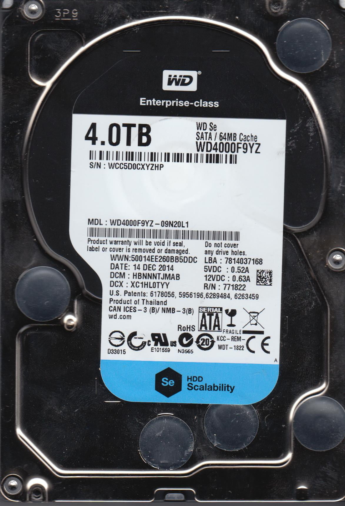 WD4004FZWX-00GBGB0, PN 2W10005, Western Digital 4TB SATA 3.5 Hard