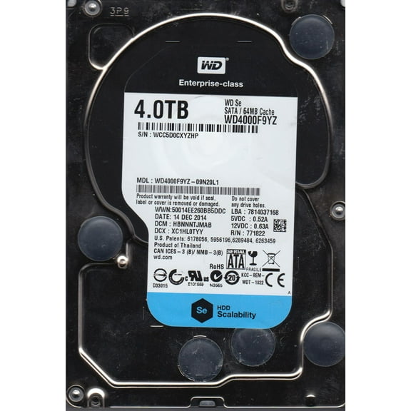 WD4000F9YZ-09N20L1, DCM HBNNNTJMAB, Western Digital 4TB SATA 3.5 Hard Drive