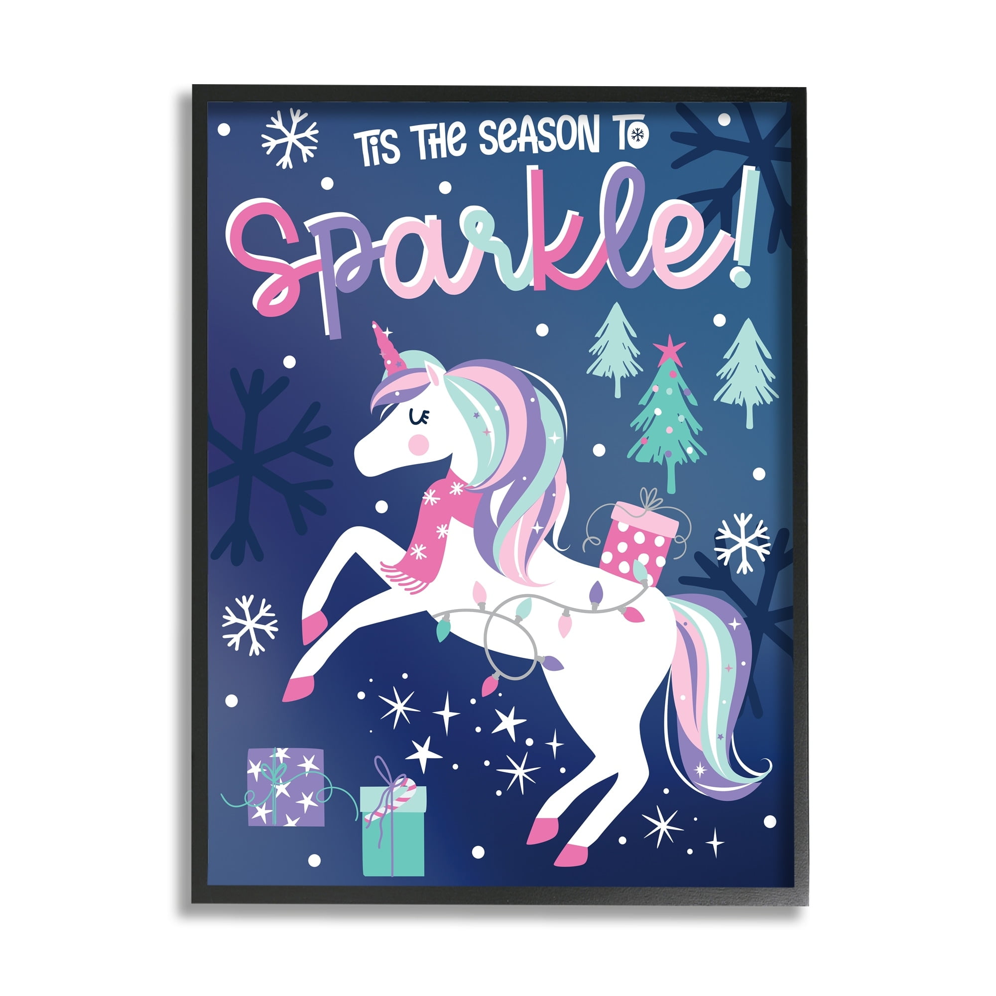 Season To Sparkle Whimsical Christmas Unicorn Snowflakes Fairy Tales & Fantasy Graphic Art Framed Art Print Wall Art