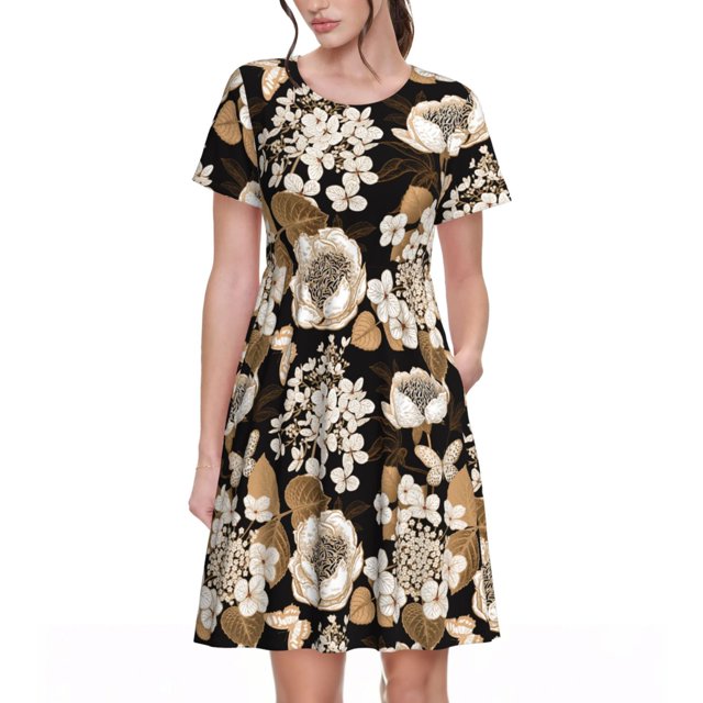 Easygdp Retro Hydrangeas para Vestido Transpirable de Mujer, Vestido Suelto de Manga Corta con Pliegues y Bolsillos para el Verano