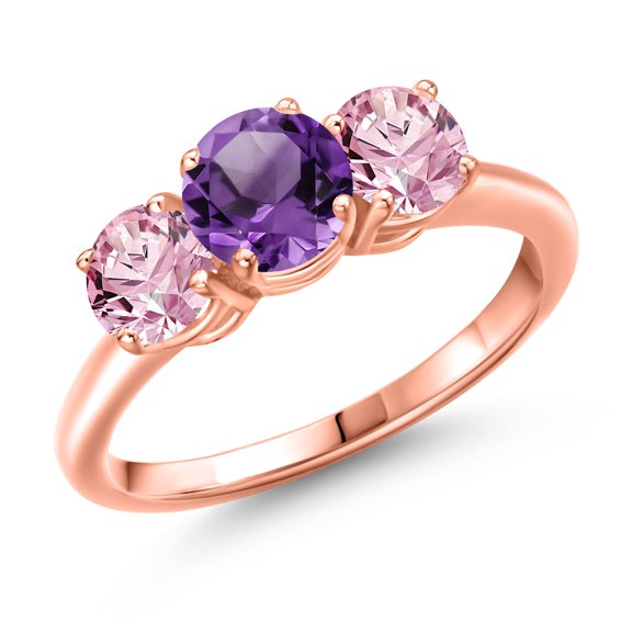 Gem Stone King 18K Rose Gold Plated Silver Purple Amethyst and Pink Lab Grown Diamond Engagement Ring for Women | 2.00 Cttw | Round 6MM | Gemstone February Birthstone | Size 8