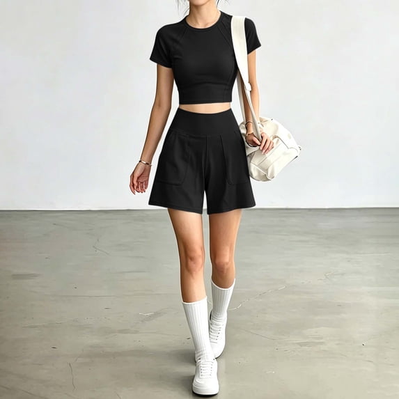 Women's 2 Piece Yoga Workout Outfit Crewneck Short Sleeve Crop Top and Athletic Shorts Sets Casual Tracksuits Running Gym Matching Set Black