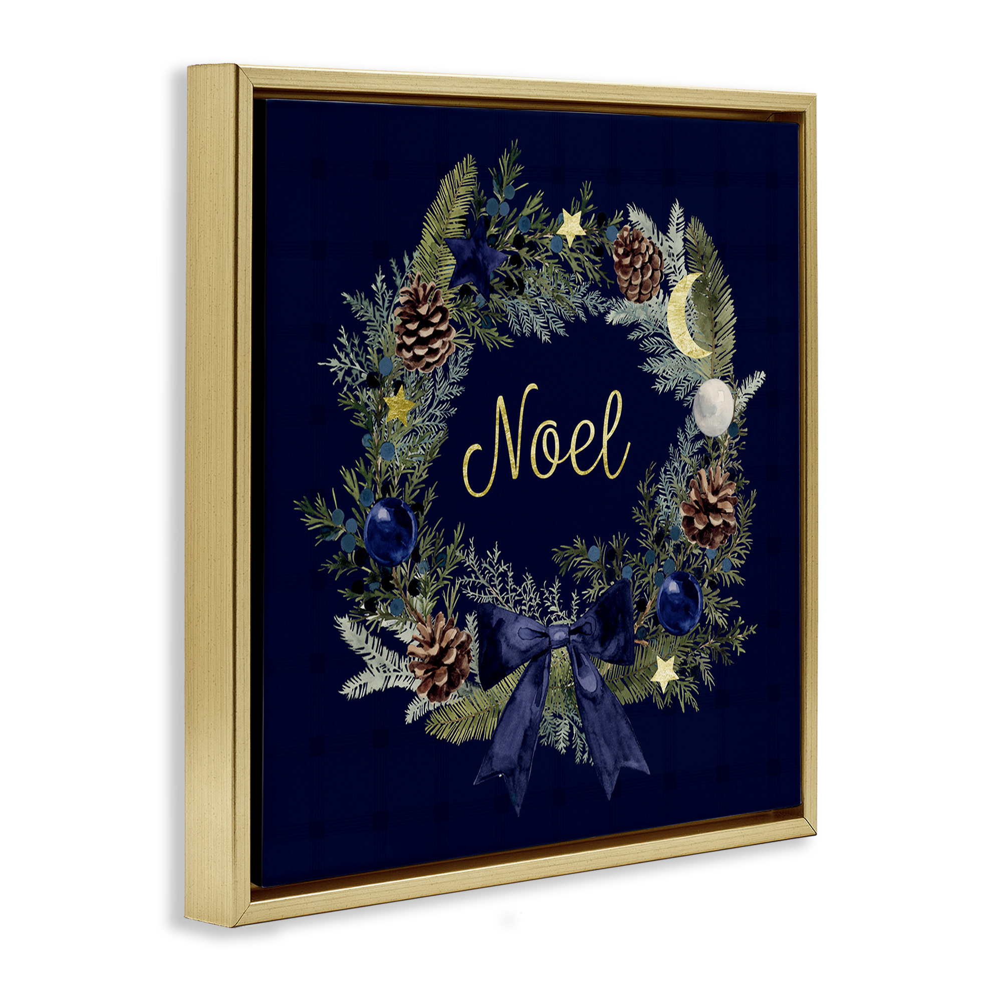 Stupell Industries Noel Holiday Wreath Holiday Painting Gold Floater Framed Canvas Art Prints Wall Art, 25 x 25