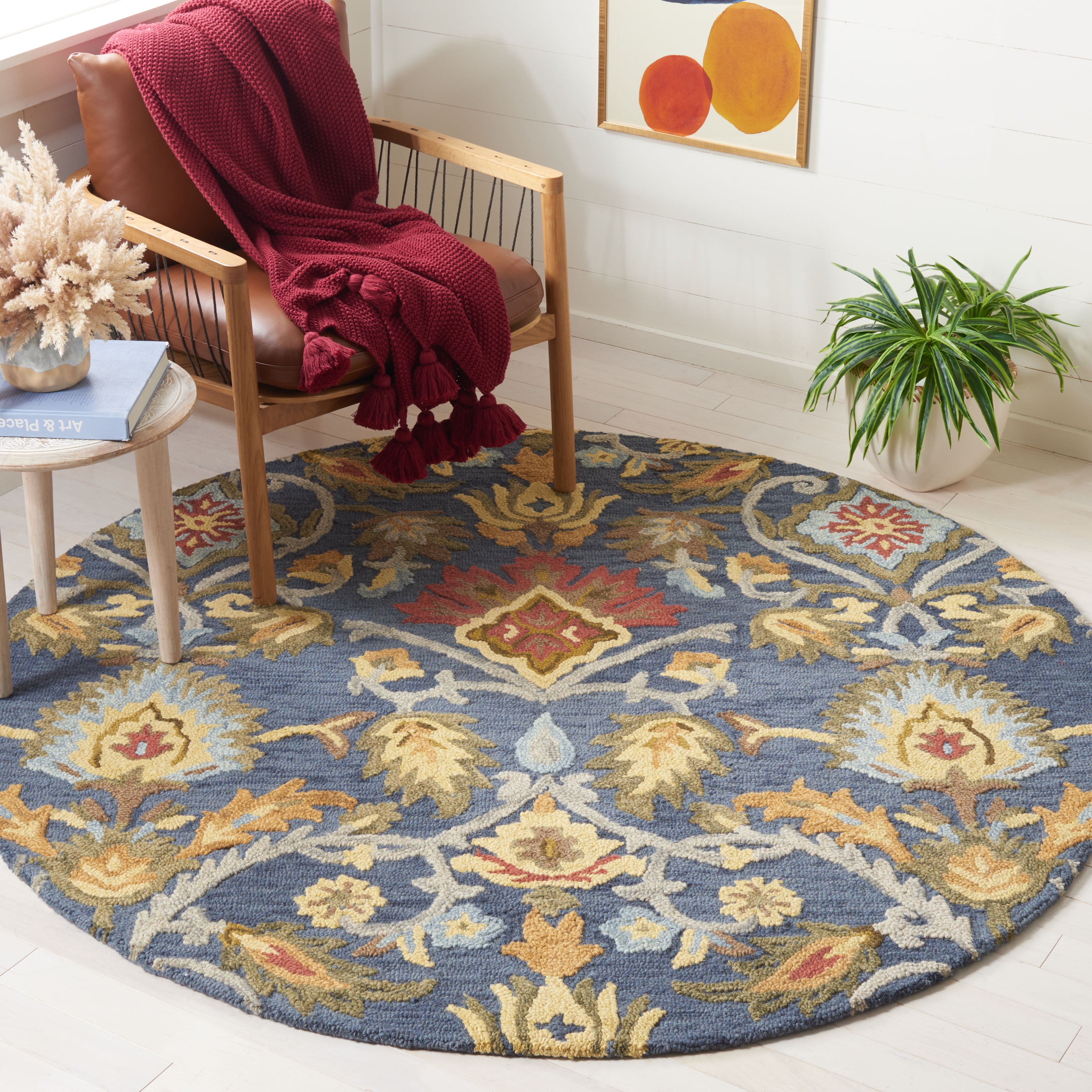 SAFAVIEH Blossom Lennon Floral Wool Area Rug, Navy/Multi, 6' x 6' Round