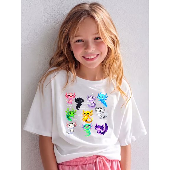 Cartoon Cute Axolotl Types Varieties Pattern, The Children's Place Girls' Sports Girls Shirts Short Sleeve Soft 100% Cotton T-Shirts Plain Tees Tops Clothes Crew Neck for Kids