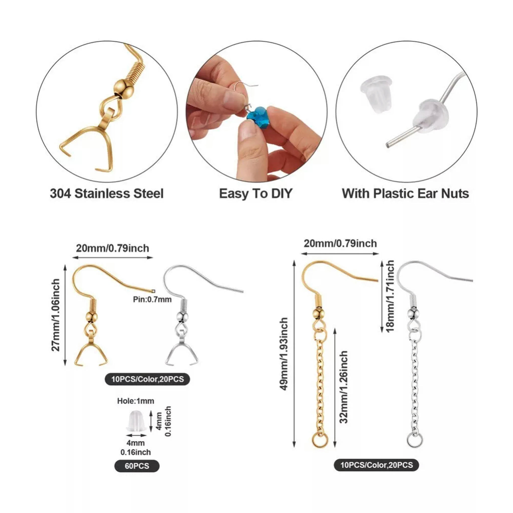 U8MO 1 Box Stainless Steel Hooks Ear Wire with Ice Pick Pinch Bails Jewelry Findings