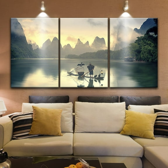 wall26 3 Panel Canvas Wall Art - Fisherman on The Boat with Cormorants on Calm River Among Mountains - Giclee Print Gallery Wrap Modern Home Art Ready to Hang - 24"x36" x 3 Panels