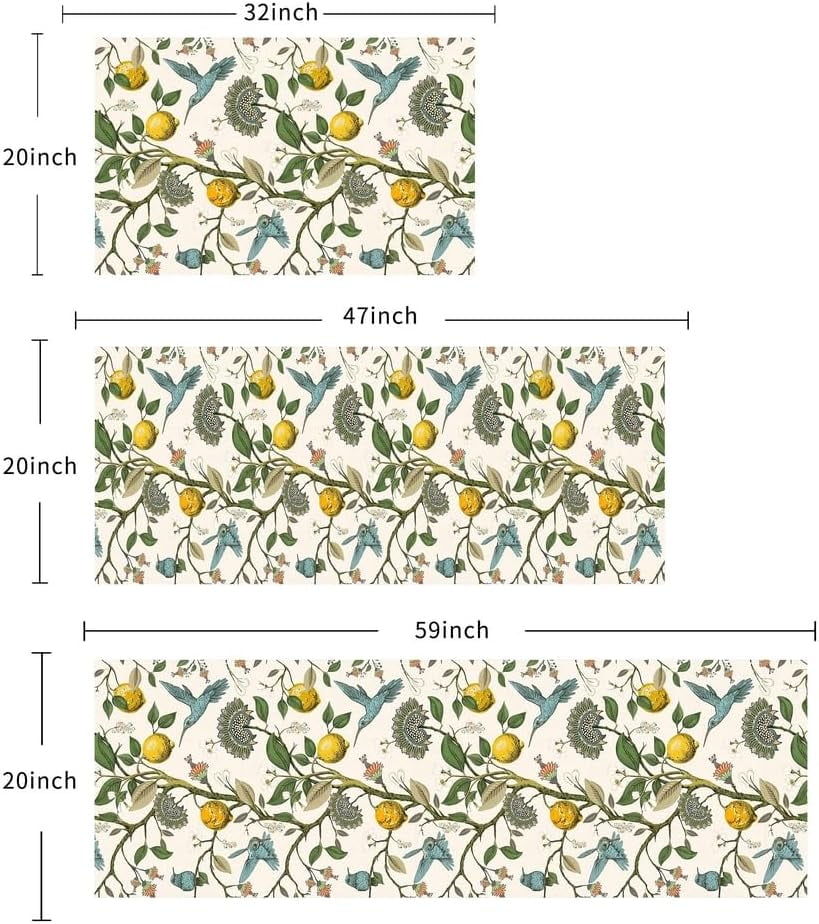 Lemon Tree Floral Hummingbird Kitchen Rugs Sets of 3,Non Slip Rubber Kitchen Mats for Floor Farmhouse Washable Kitchen Area Rugs Floor Carpet Runners for Hallway Laundry Room,Yellow/Green