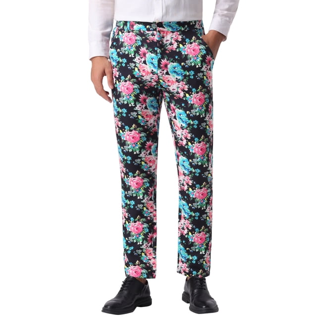 INSPIRE CHIC Pantalones de vestir florales para hombres, con frente plano, para fiestas y prom, con estampado de flores, 34 Negro Azul