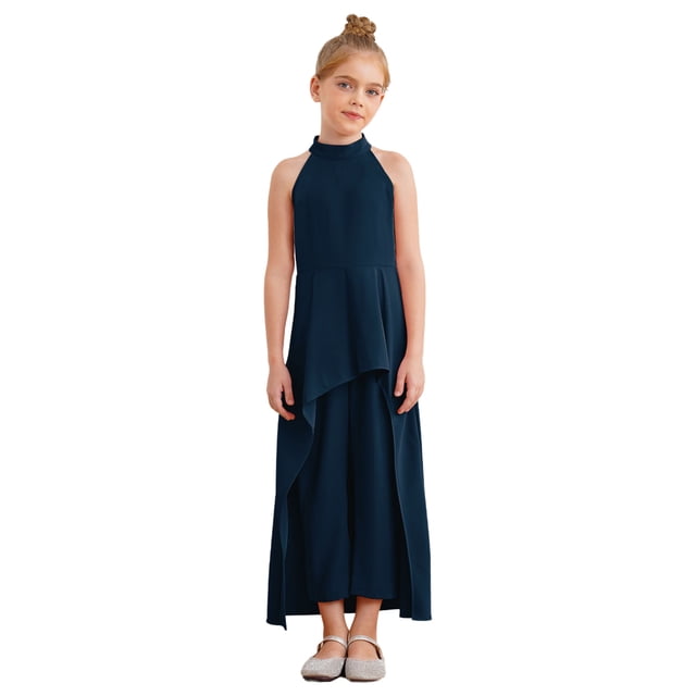 LiiYii Girls Summer Birthday Jumpsuit for Wedding Pageant Party Ruffle Rompers Flare Bell Bottom Navy Blue 6