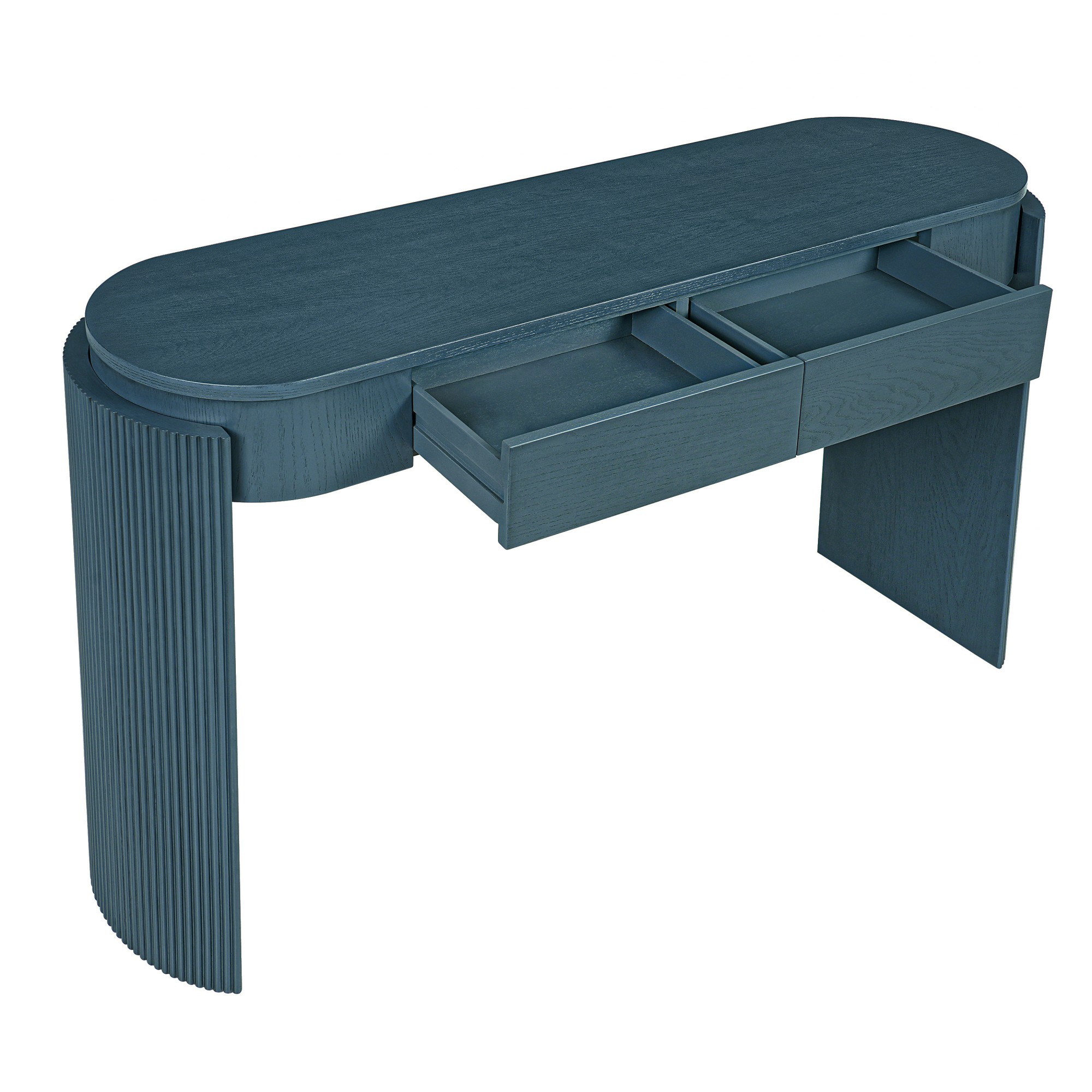 Entryway Table with Natural Wood Grain Finish, Console Table with Fluted Design, Oval Top and 2 Drawers for Entryway and Living Room (Navy)
