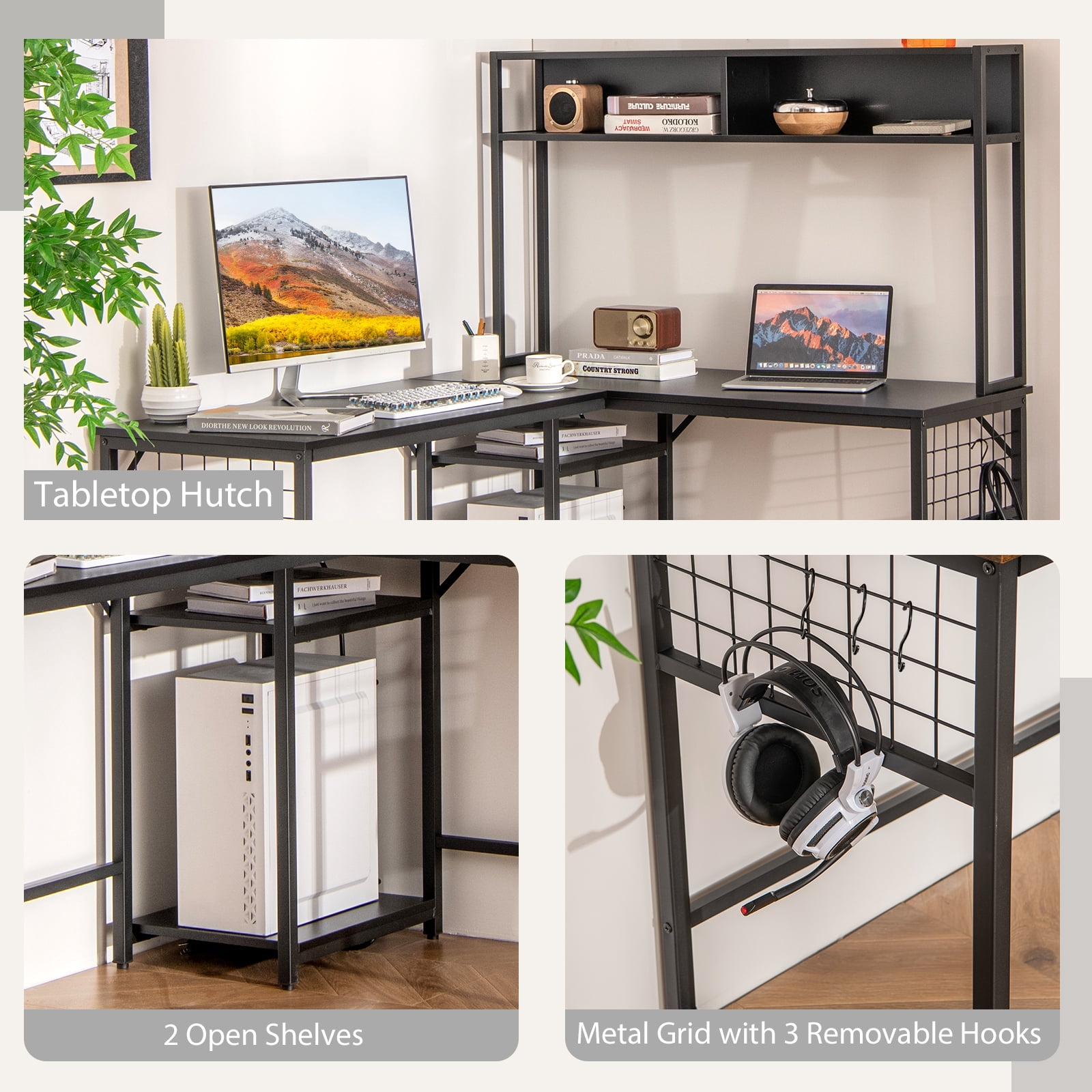 Giantex L Shaped Desk, Sturdy Computer Desk w/ Power Outlet, Long Corner Desk Home Office Table, Black