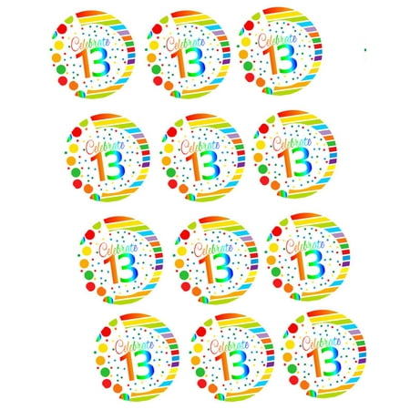 CakeSupplyShop Item#RE-013 Happy 13th Birthday 2inch Rainbow Edible Cupcake / Cookie Frosting Image Toppers -12ct