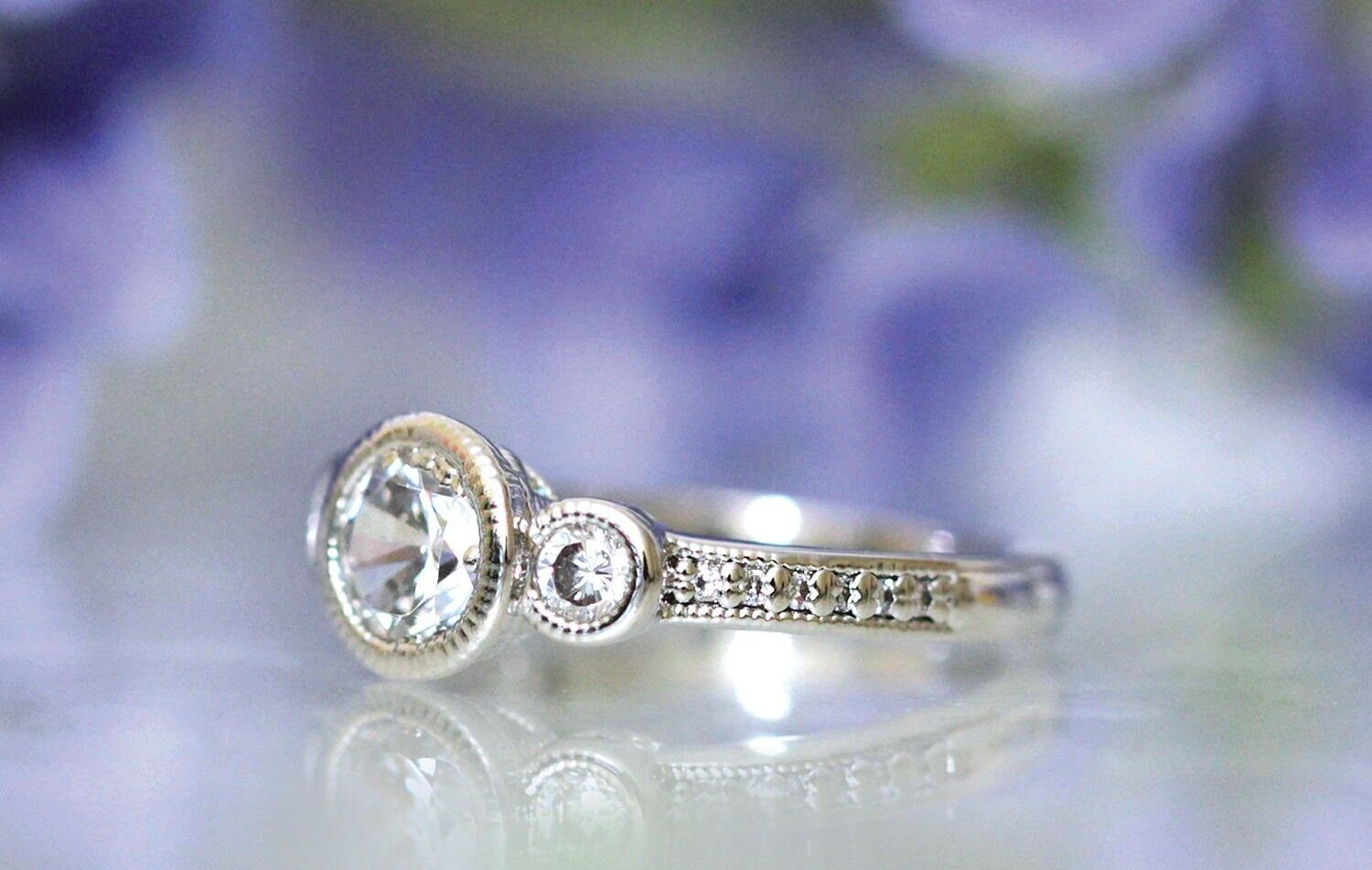 HeartsAndYou 3 Stone Bezel Set Engagement Ring for Women 1.2ct Round Cut Moissanite 18k White Gold Over Silver