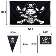 Whaline 12 Pack Halloween Skull Pirate Flag Set, 3x5ft Jolly Roger Flag, 19.7ft Pirate Bunting Banners and 10 Pieces Pirate Small Handheld Flags with Sticks for Halloween Pirate Party Decoration