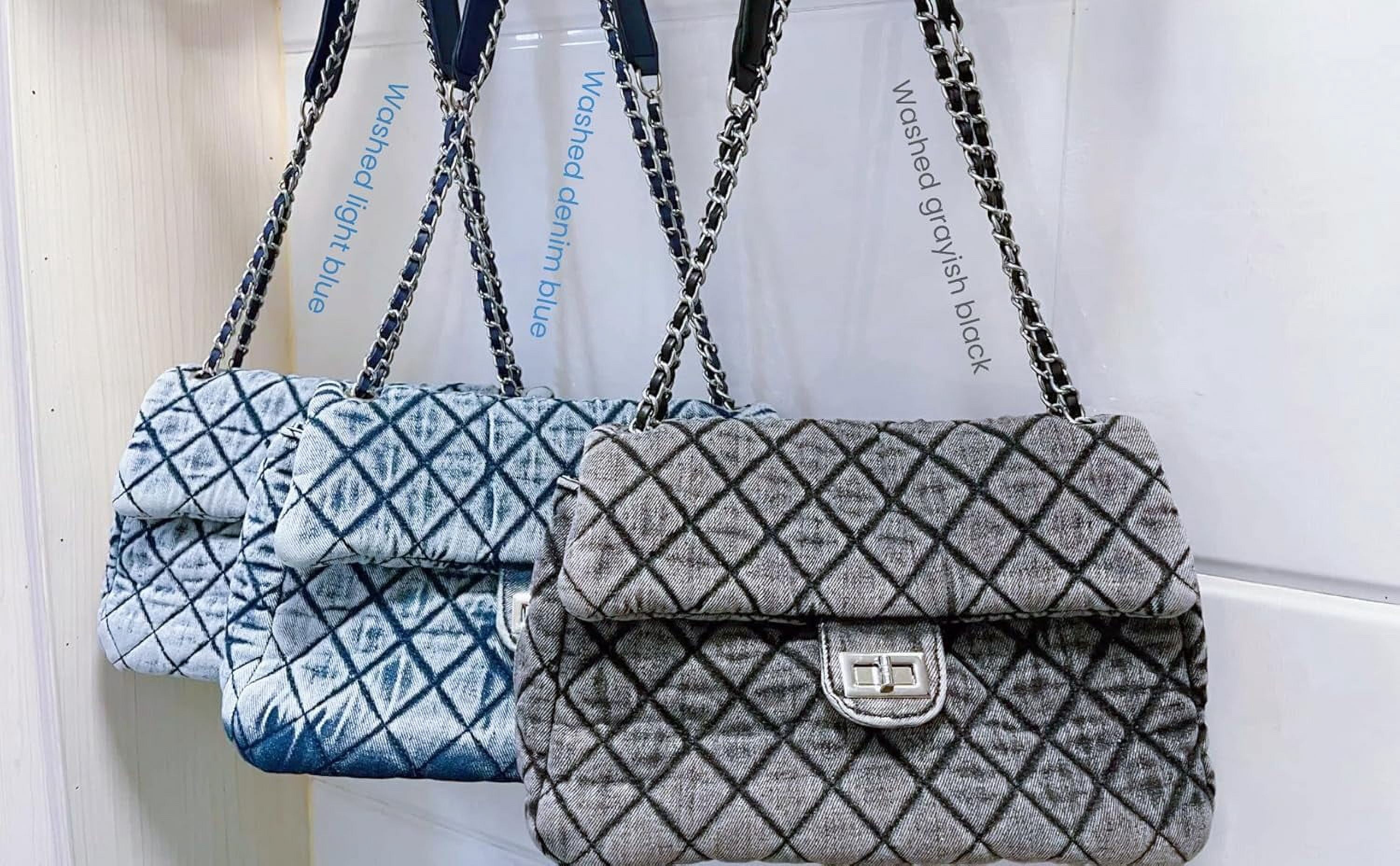 NANAHuang Retro Quilted Denim Purses for Women Crossbody Tote Bag for Womens Shoulder Bags Chain Over Washed Jeans Handbags Black Blue