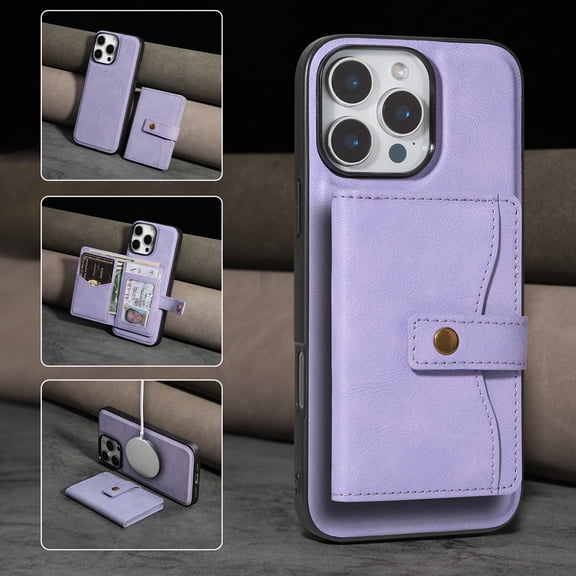 Designed For iPhone 16e Wallet Phone Case,Detachable Magnetic Back Flip PU Leather Card Bag,With Kickstand,Card Slots,Compatible with Mag-Safe,Shockproof Anti-fall Phone Case,Purple
