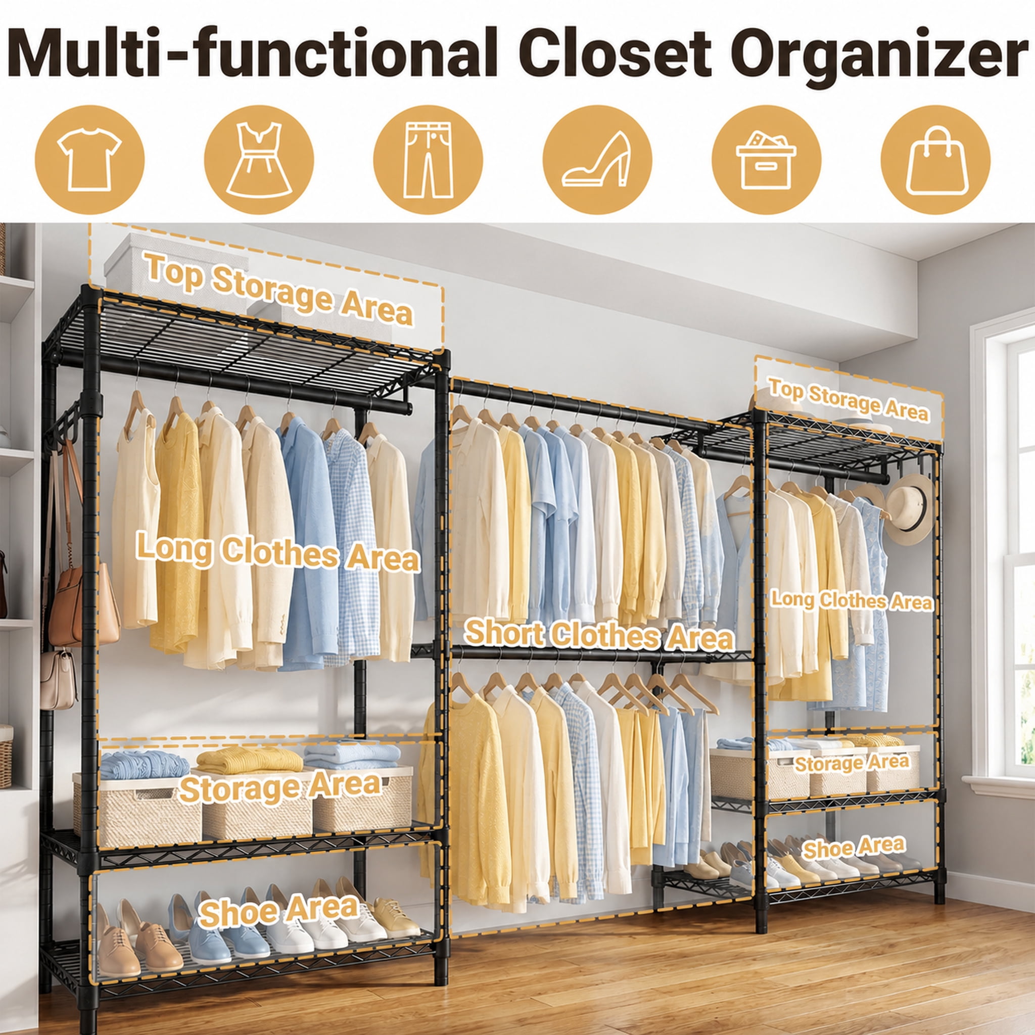 TrumanPick 71.5"-91.3" W Extendable Clothes Rack with Wire Shelves, Heavy Duty Clothes Storage System, Freestanding Clothing Rack for Hanging Clothes Load 1280lbs, Black
