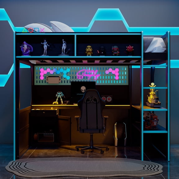 DRNANLIT Gaming Loft Bed with Built-in Desk, LED Lighting, Charging Station, and Ample Storage - Modern Black and Blue Design for Bedroom or Game Room