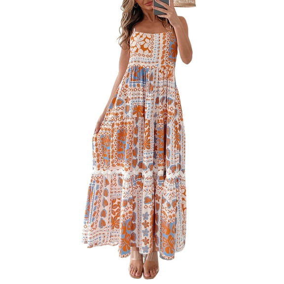Women's Orange Multi Printed Maxi Dress with Ricrac Trim and Spaghetti Straps - [ZhiHiMeRi] | (US 12-14)L