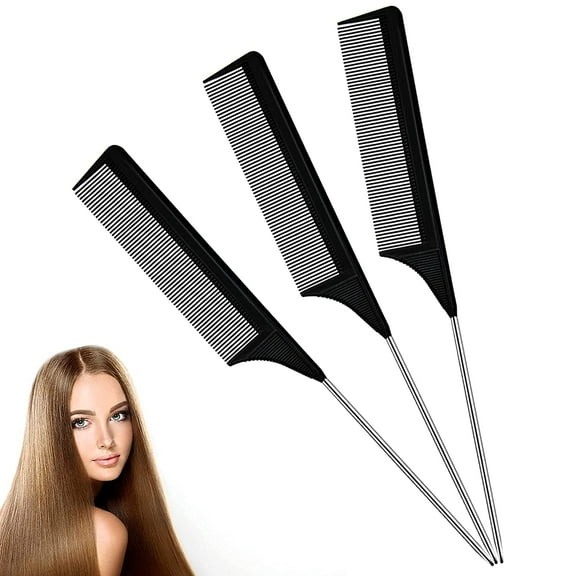 Ealicere 3 Pcs Tail Combs,Steel Pin Tail Combs,Hair Combs with Stainless Steel Pintail,Carbon Fiber Teasing Combs,Hair Parting Comb for Hair Stylist(Black)