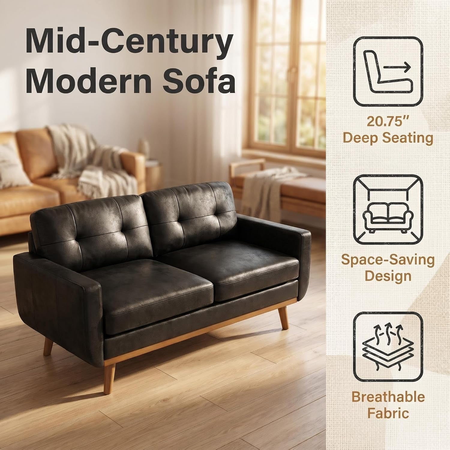 MOONMISS 65" Loveseat Couch, Modern Small Sofa With Walnut Wood Legs 2-seater Fabric Upholstered Mini Sofa Couches For Small Space,living Room Bedroom Office Dorm Apartment,Black