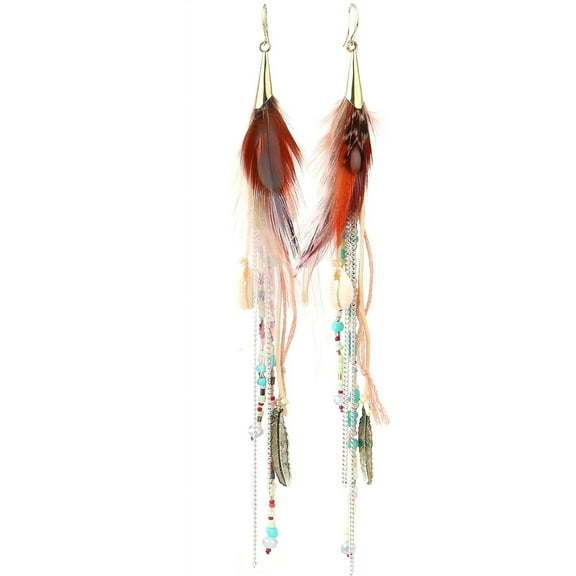 Bohemian Feather Dangle Earrings for Women with Shell Beads Long Tassel Design Drop Earrings