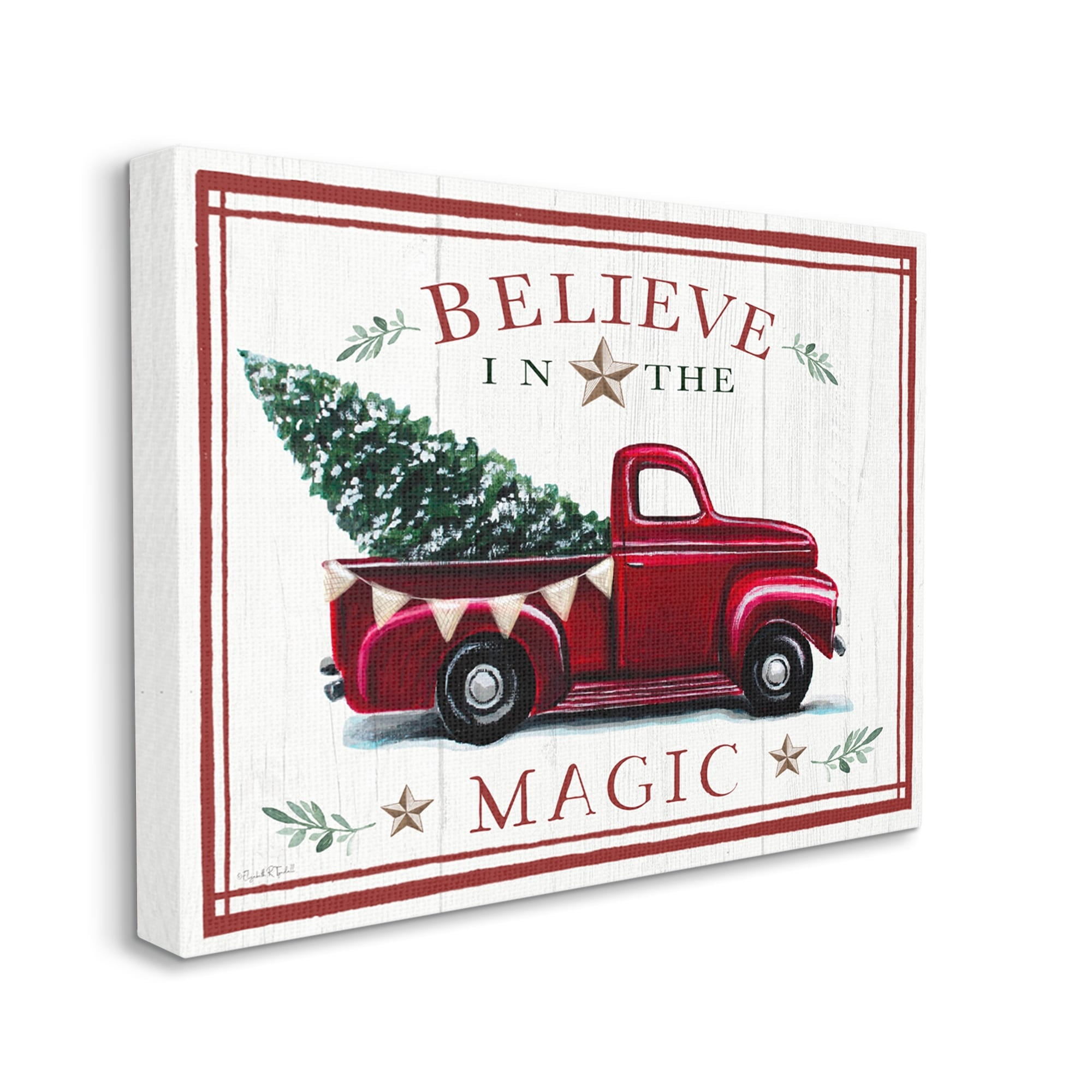 Believe In Magic Red Vintage Truck Country Holiday Tree Transportation Graphic Art Gallery-Wrapped Canvas Print Wall Art