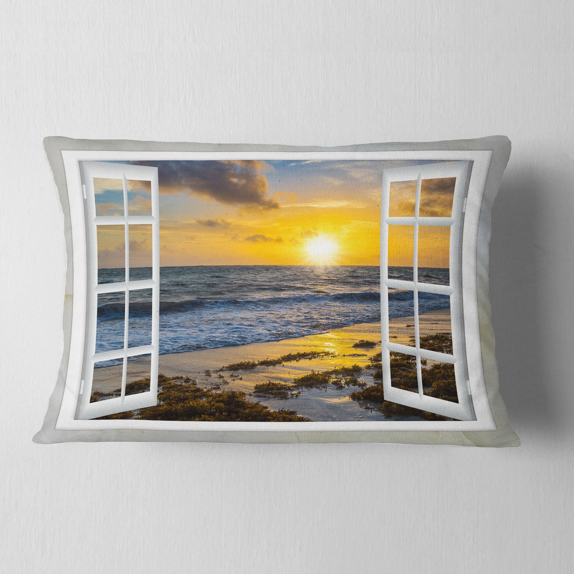 Designart Open Window to Bright Yellow Sunset - Modern Seascape Throw Pillow - 12x20