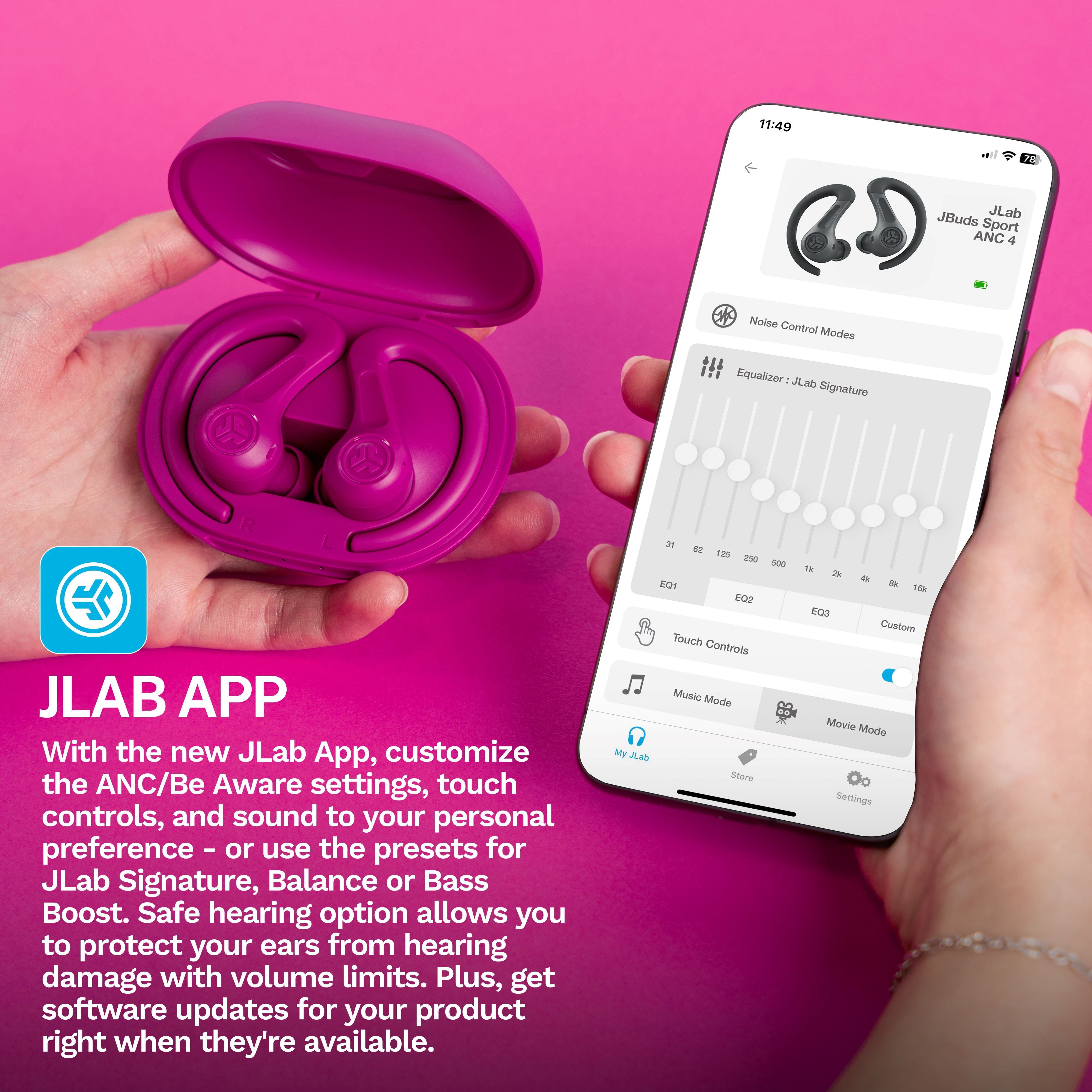 JLab JBuds Sport ANC 4 True Wireless Earbuds, Pink, Hybrid ANC, Touch Controls, Multipoint, App Customization