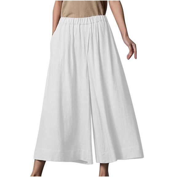 Women's Wide Leg Pants Casual Cotton Linen Elastic Waist Solid Loose Lounge Pants with Pockets Fashion Yoga Sport Swing Palazzo Trousers(XL,White)