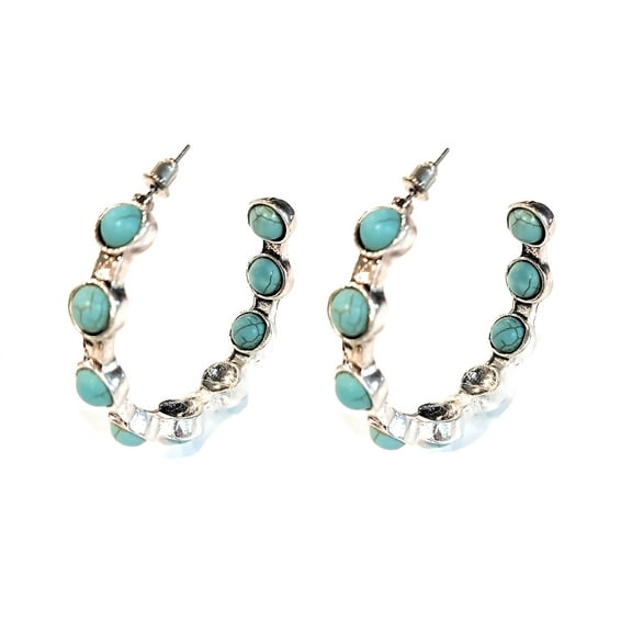 Womens Earrings Turquoise Blue Hoop Western Boho Chic Fashion Ladies Silver Tone Jewelry 1.75"