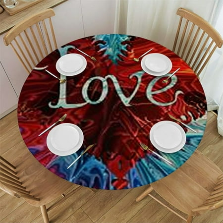 

Plloopoed Red Heart Love ES Day Blue Round Fitted Tablecloth Round Table Cloth with Elastic Edged Waterproof Wipeable Table Cover 54-58