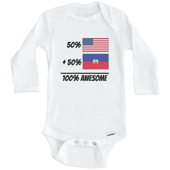 50% American Plus 50% Haitian Equals 100% Awesome Cute Haiti Flag One Piece Baby Bodysuit (Long Sleeve), 6-9 Months White