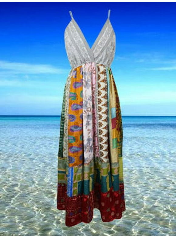 Mogul Womens Fall Maxi Dress, Gray Spring Fields Recycle Silk Strap Dresses S/M