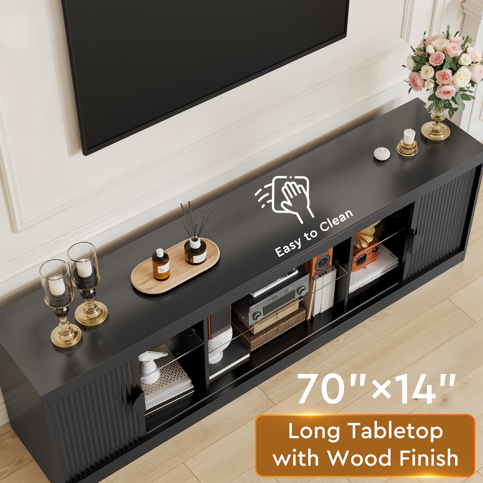 Holliwill 70" TV Stand for TVs up to 80" with LED Lights, Fluted Modern Entertainment Center TV Console with Sliding Door for Living Room, Black