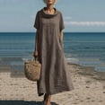 thumbnail image 2 of aohooy Cowl Neck Maxi Dress for Women Summer Casual Short Sleeve Cotton Long Length Dresses with Pockets Flowy Beach Sundress Coffee,XXXL, 2 of 9