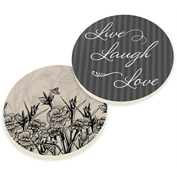 Live Laugh Love Stencil Flowers 2.75 x 2.75 Absorbent Ceramic Car Coasters Pack of 2