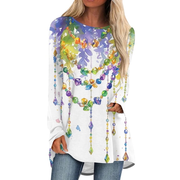 Mardi Gras Shirts for Women Feathers Print Sparkly Long Sleeve Tops Mask Print Crew Neck Novelty Tunic Tops White 3XL