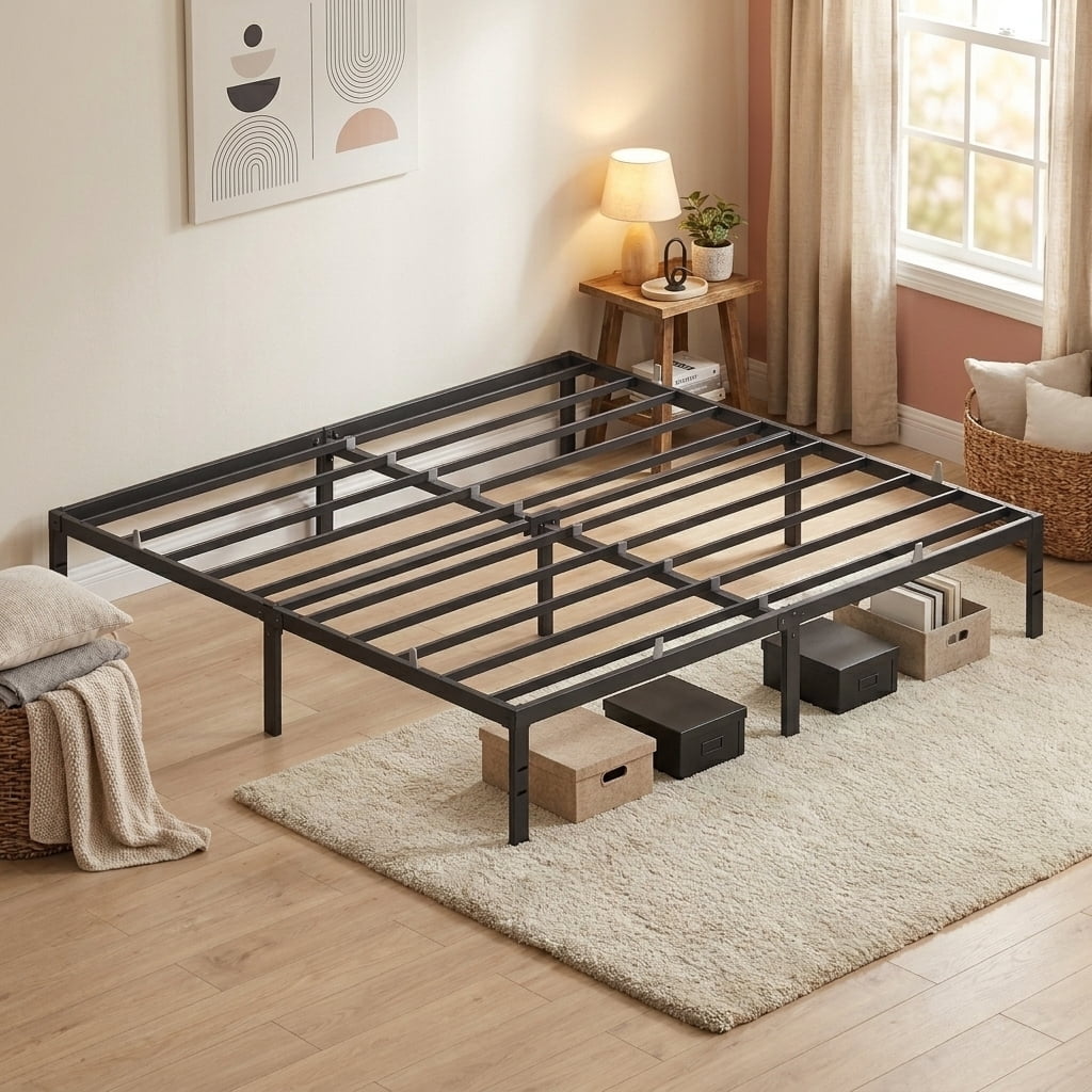 LEDREM King Size Metal Frame, Heavy-Duty Platform Bed with Under-Bed Storage, Easy Assembly for Bedroom, Black