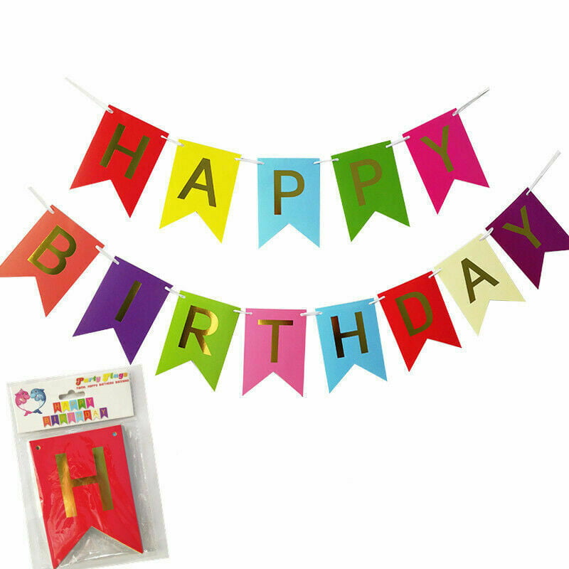 Happy Birthday Banner Decorations Bunting Gold Balloons Hanging Garland Party 