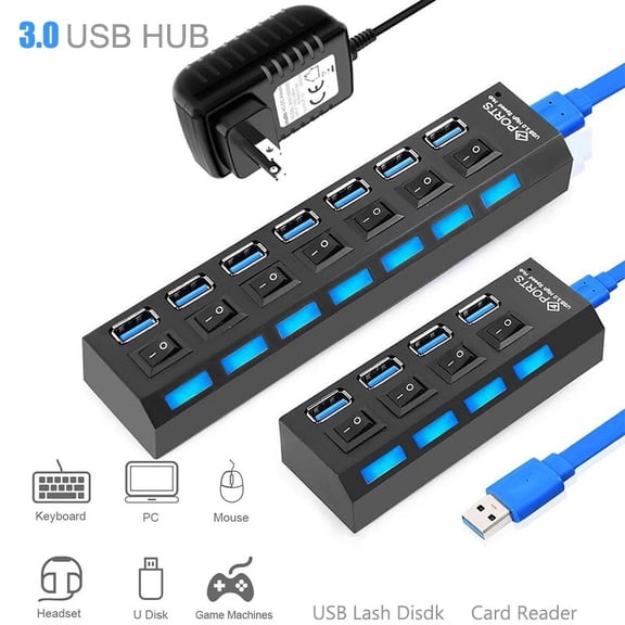 Feylan USB 3.0 Hub 5Gbps High Speed Multi USB Splitter 3 Hab Use Power Adapter 4/7 Port Multiple Expander Hub With Switch For PC Laptop