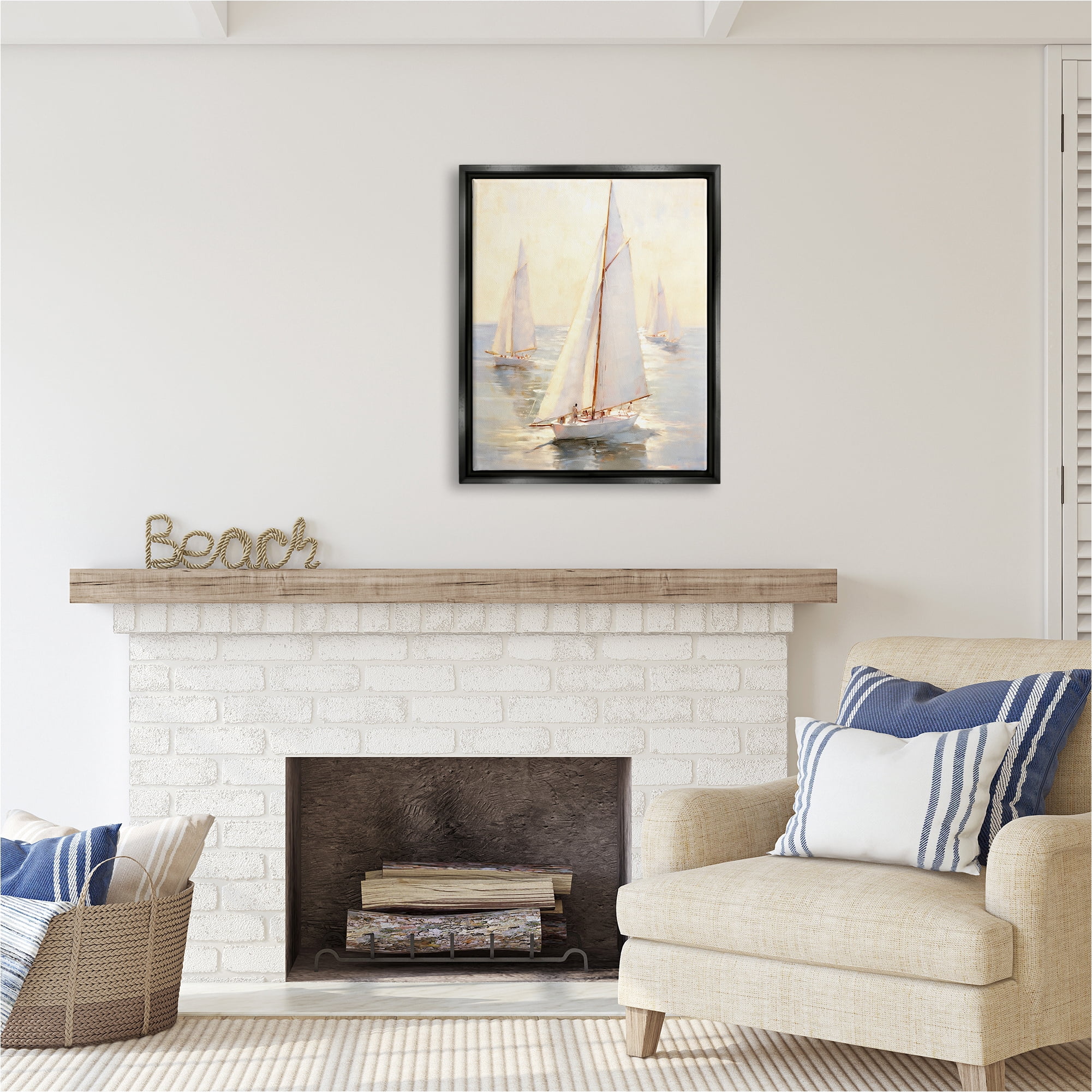 Stupell Industries Sunlit Sailboats Painting Transportation Painting Black Floater Framed Canvas Art Print Wall Art, 25 x 31
