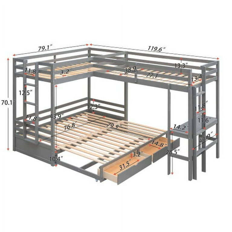 L Shaped Bunk Bed Twin over Twin King Size Bunk Bed Frame with